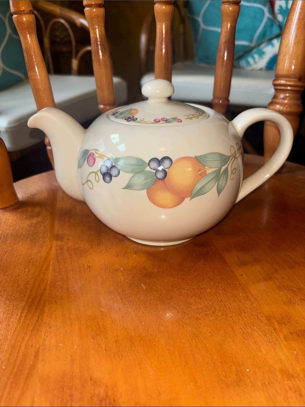 Corningware Cream Ceramic Teapot with Orange and Blue Fruit Motif